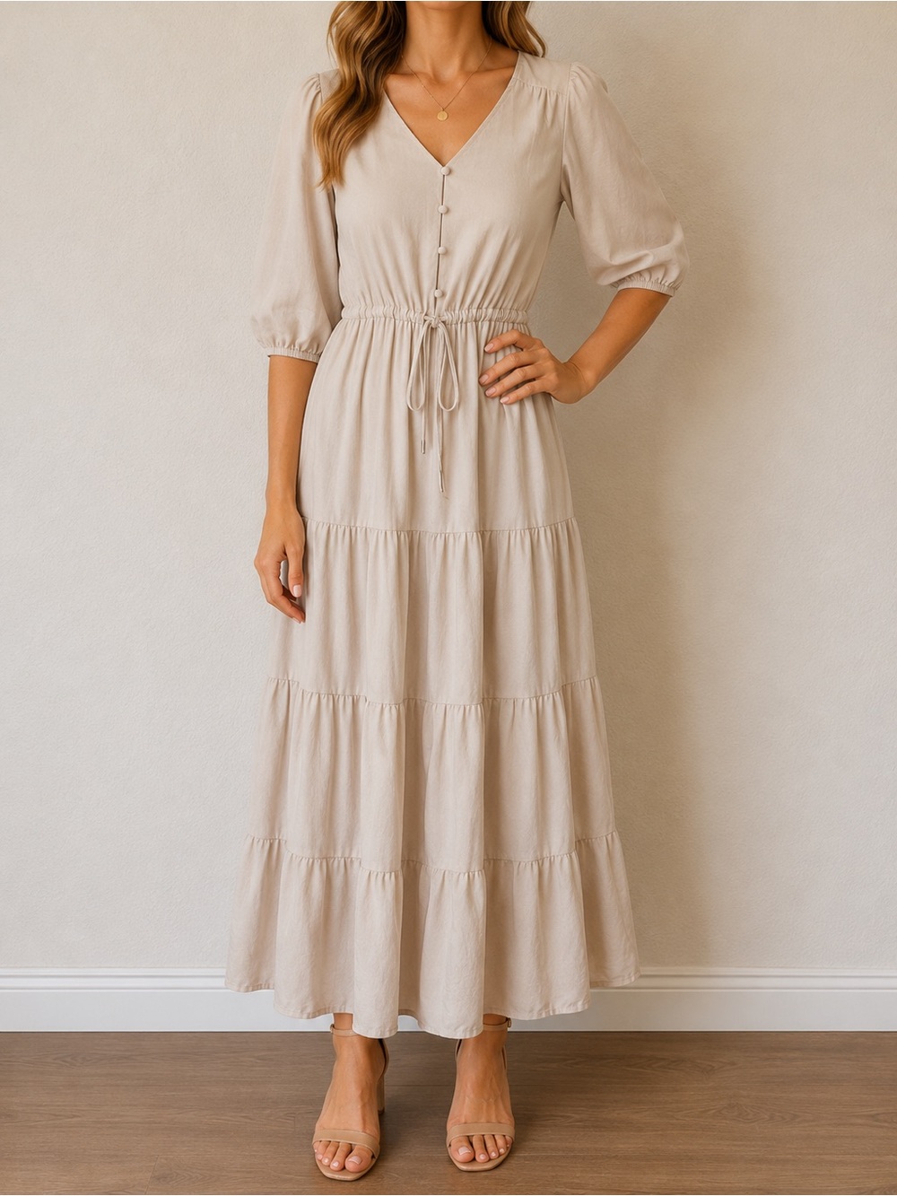 Neutral Tiered Maxi Dress with Drawstring Waist